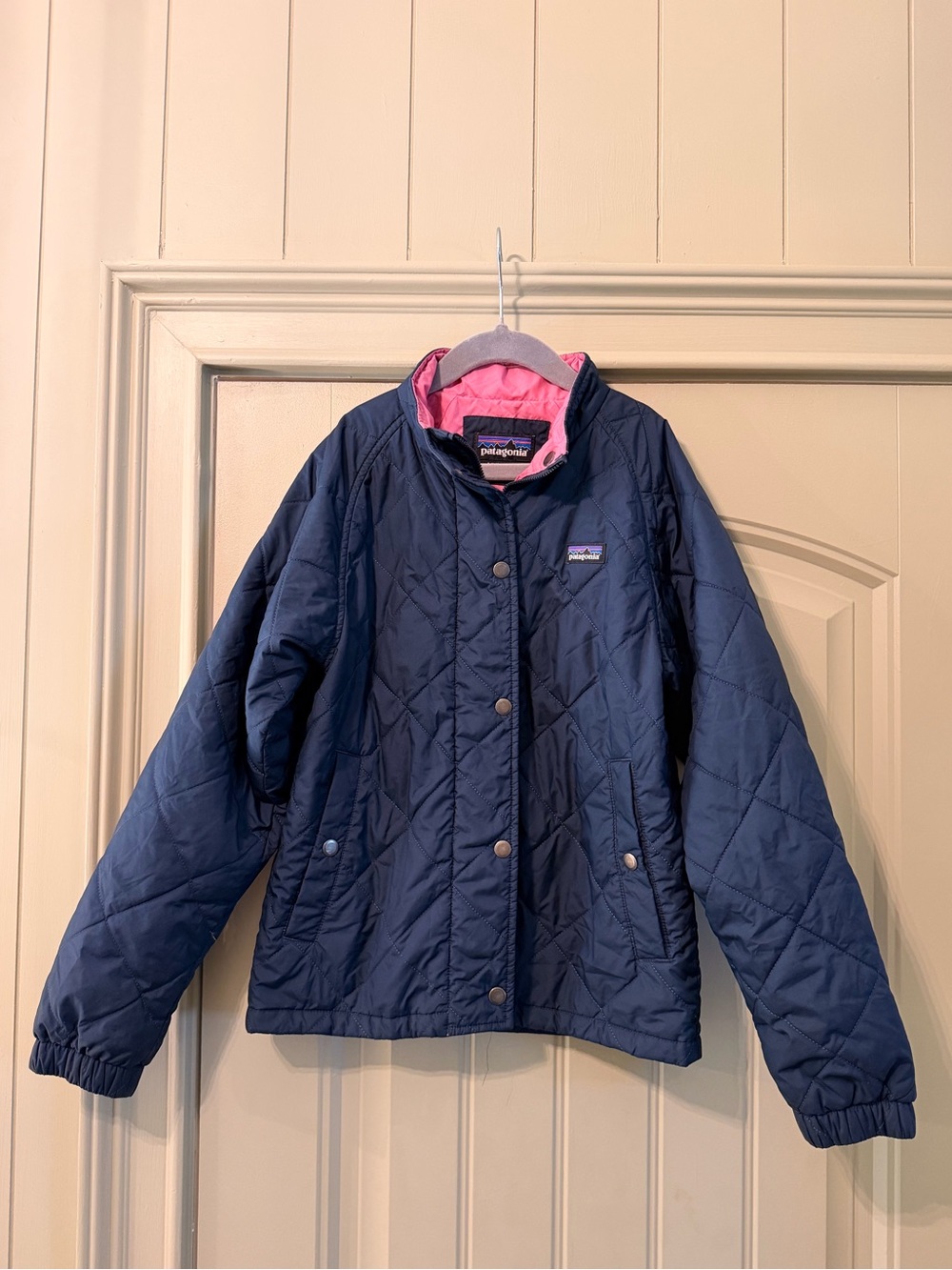 Girls PATAGONIA Navy Pink Diamond Quilted Zipper Jacket Large 12 EUC!